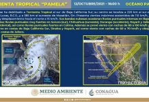 Pamela se encuentra esta tarde como tormenta tropical a 220 km al sur-sureste de Baja California Sur