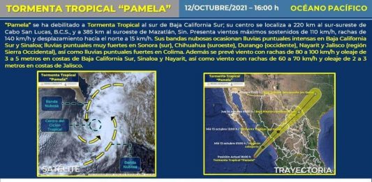 Pamela se encuentra esta tarde como tormenta tropical a 220 km al sur-sureste de Baja California Sur