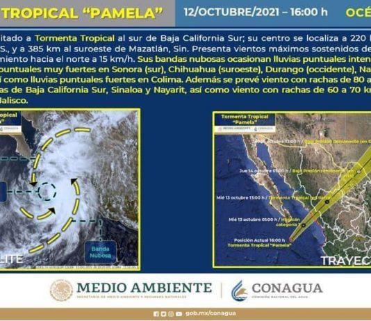 Pamela se encuentra esta tarde como tormenta tropical a 220 km al sur-sureste de Baja California Sur