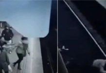 Hombre lanza a mujer al paso del metro; conductor frena a tiempo