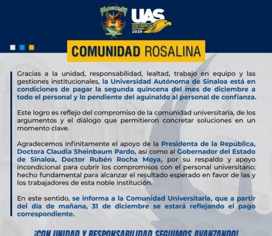UAS pagará aguinaldo y segunda quincena este miércoles