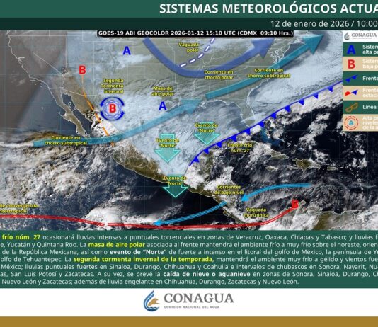 Frente frío 27 y segunda tormenta invernal ocasionarán ambiente frío a gélido, nevadas y lluvia engelante en el norte de México